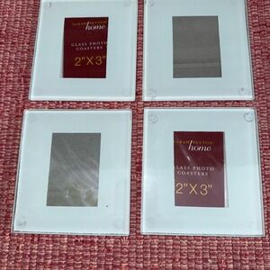 Sarah Peyton Home GLASS PHOTO COASTERS Set of 4 ~ 2" x 3" with Wood Holder